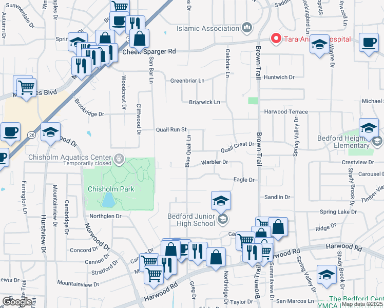 map of restaurants, bars, coffee shops, grocery stores, and more near 301 Quail Crest Dr in Bedford