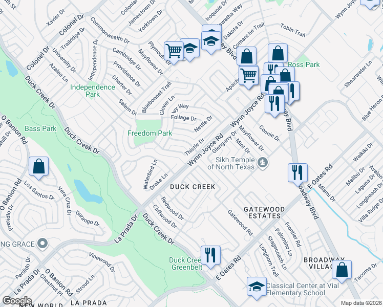 map of restaurants, bars, coffee shops, grocery stores, and more near 344 Thistle Drive in Garland