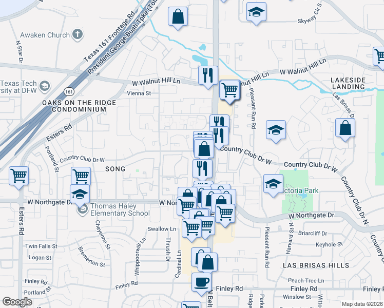 map of restaurants, bars, coffee shops, grocery stores, and more near 3420 Country Club Drive West in Irving