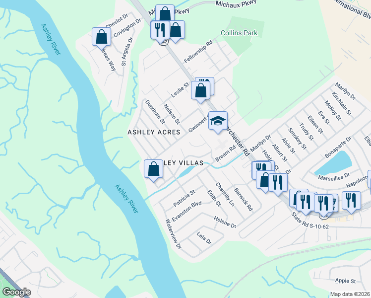 map of restaurants, bars, coffee shops, grocery stores, and more near 5578 Betty Court in North Charleston