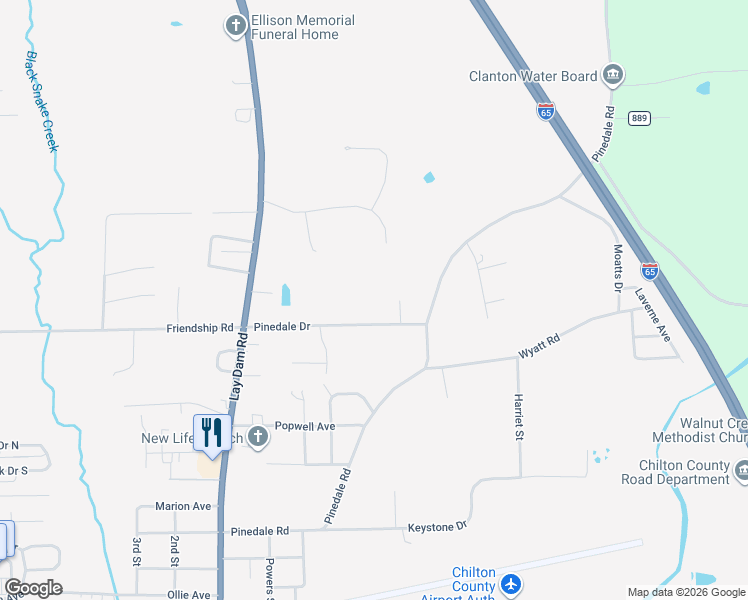 map of restaurants, bars, coffee shops, grocery stores, and more near 219 Pinedale Drive in Clanton