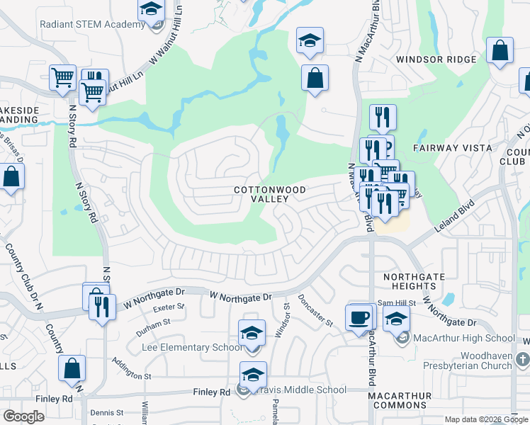 map of restaurants, bars, coffee shops, grocery stores, and more near 1411 South Travis Circle in Irving