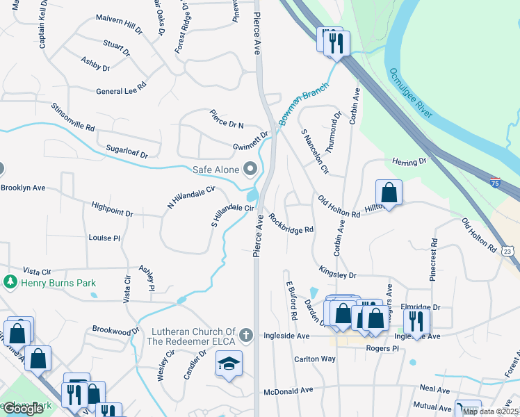 map of restaurants, bars, coffee shops, grocery stores, and more near Pierce Avenue in Macon