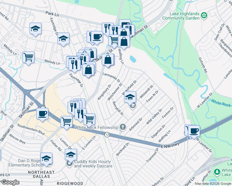 map of restaurants, bars, coffee shops, grocery stores, and more near 6920 Winchester Street in Dallas