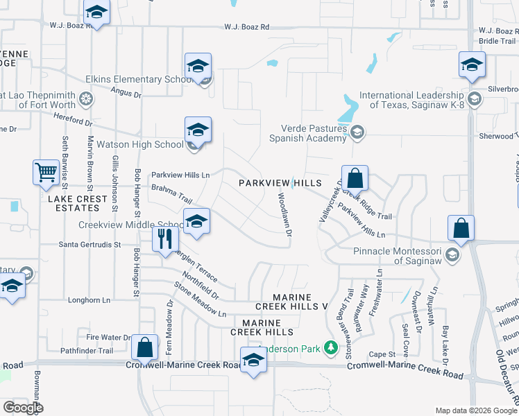 map of restaurants, bars, coffee shops, grocery stores, and more near 5340 Creek Hill Lane in Fort Worth