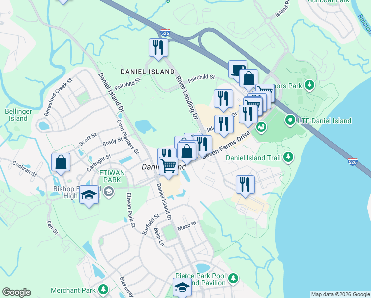 map of restaurants, bars, coffee shops, grocery stores, and more near 200 Bucksley Lane in Charleston