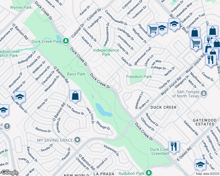 map of restaurants, bars, coffee shops, grocery stores, and more near 4339 Duck Creek Drive in Garland