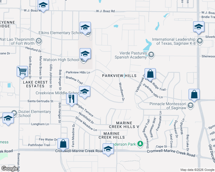 map of restaurants, bars, coffee shops, grocery stores, and more near 5340 Creek Hill Lane in Fort Worth