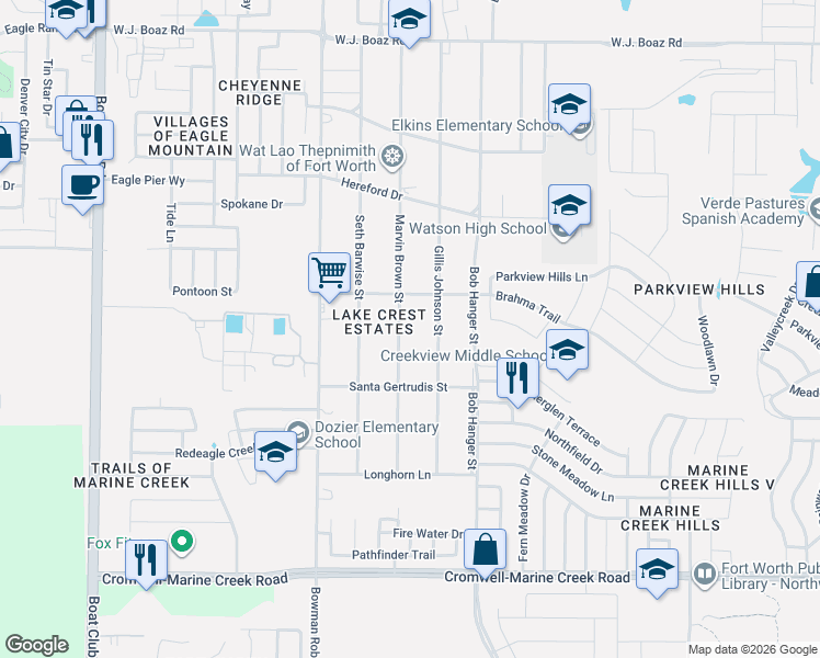map of restaurants, bars, coffee shops, grocery stores, and more near 6811 Marvin Brown Street in Fort Worth