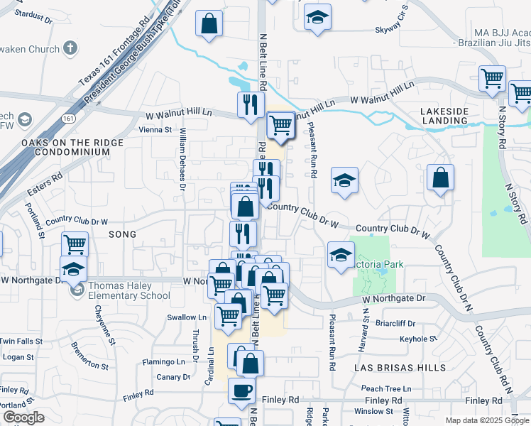 map of restaurants, bars, coffee shops, grocery stores, and more near 3990 North Belt Line Road in Irving
