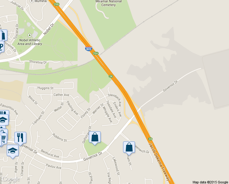 map of restaurants, bars, coffee shops, grocery stores, and more near 7335 Steinbeck Avenue in San Diego