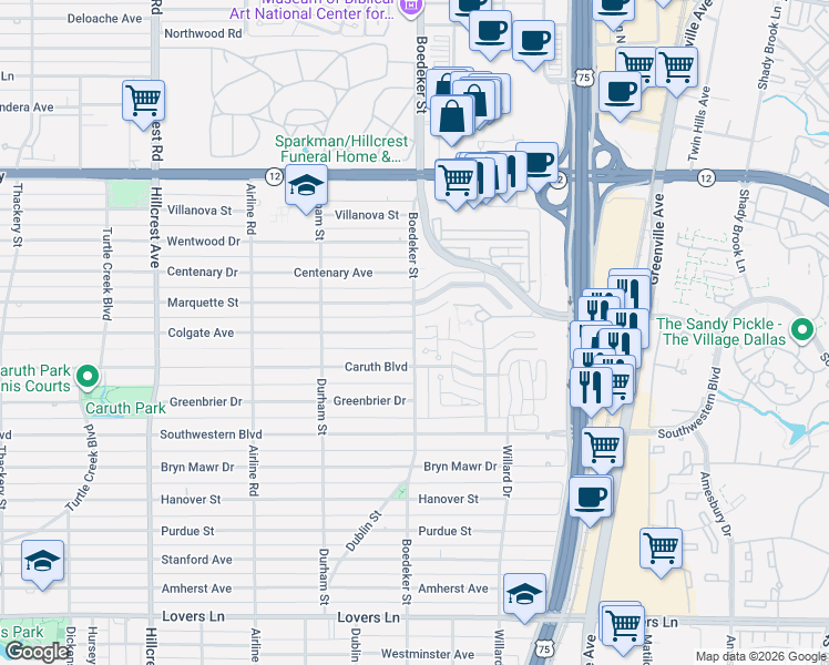 map of restaurants, bars, coffee shops, grocery stores, and more near Boedeker Dr & Colgate Ave in Dallas