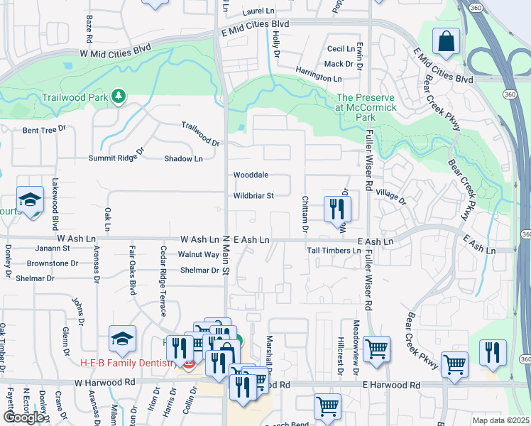 map of restaurants, bars, coffee shops, grocery stores, and more near 1617 Hope Drive in Euless