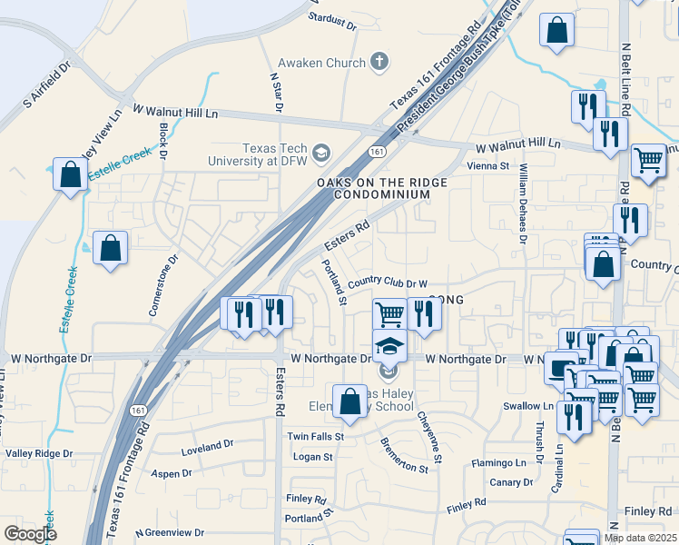 map of restaurants, bars, coffee shops, grocery stores, and more near 3920 Portland Street in Irving