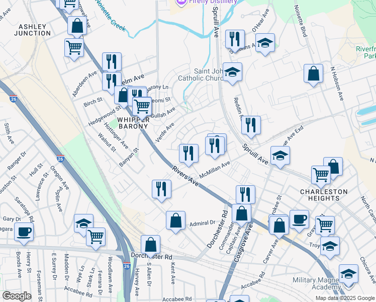 map of restaurants, bars, coffee shops, grocery stores, and more near 3777 Old Pine Circle in North Charleston