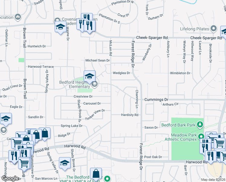 map of restaurants, bars, coffee shops, grocery stores, and more near 1200 Hillandale Court in Bedford