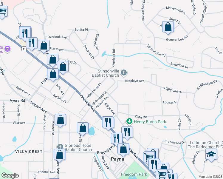 map of restaurants, bars, coffee shops, grocery stores, and more near 269 Belvedere Drive in Macon
