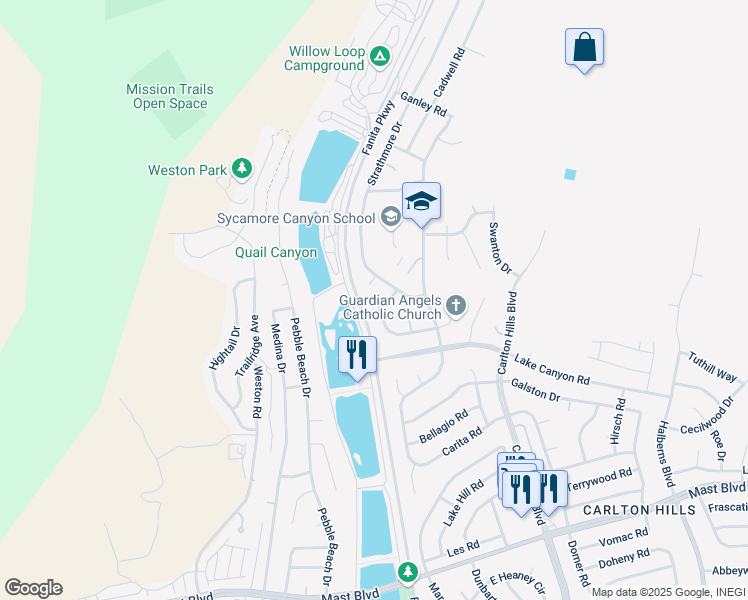 map of restaurants, bars, coffee shops, grocery stores, and more near 9208 Holmby Way in Santee