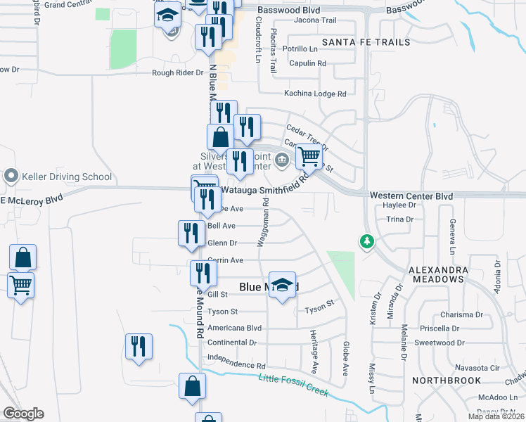 map of restaurants, bars, coffee shops, grocery stores, and more near 200 Waggoman Road in Fort Worth