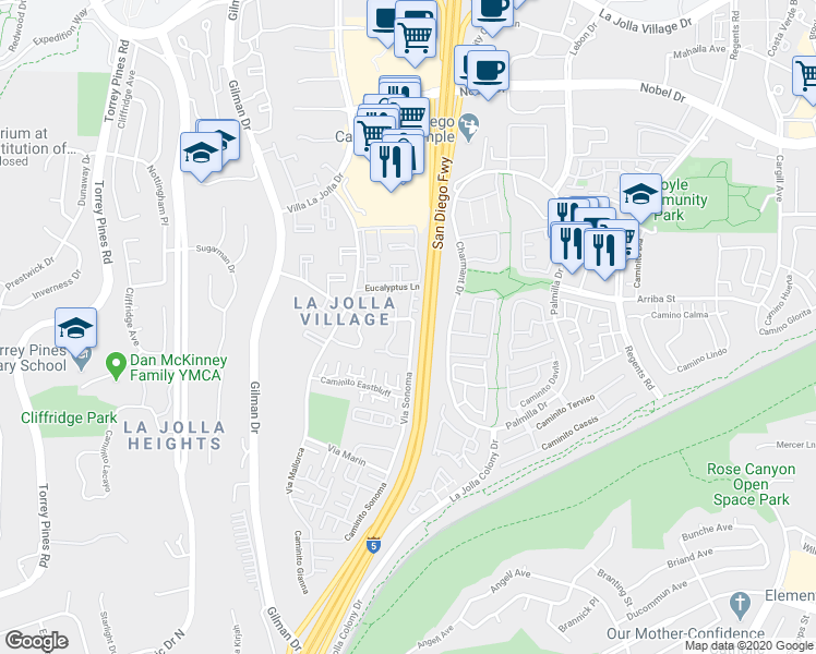 map of restaurants, bars, coffee shops, grocery stores, and more near 8492 Via Sonoma in San Diego