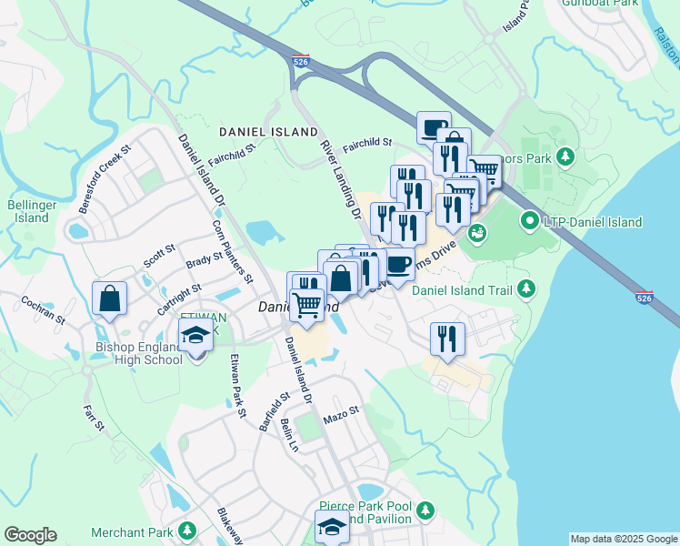 map of restaurants, bars, coffee shops, grocery stores, and more near 200 Bucksley Lane in Charleston