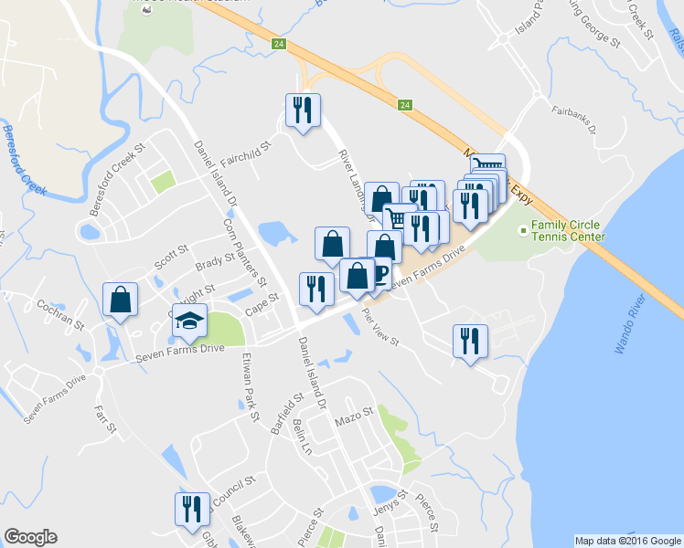 map of restaurants, bars, coffee shops, grocery stores, and more near 400 Bucksley Lane in Charleston