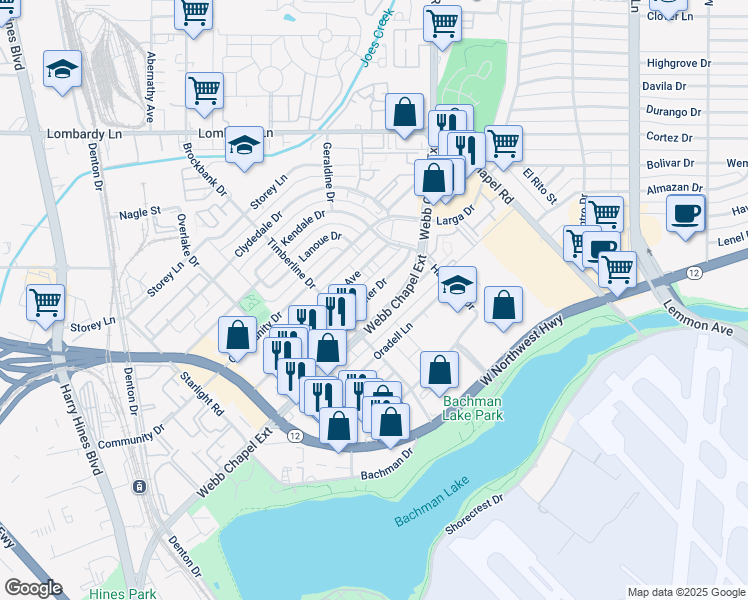 map of restaurants, bars, coffee shops, grocery stores, and more near 9640 Sumter Drive in Dallas
