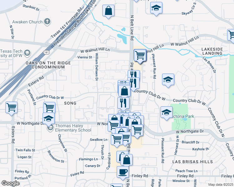 map of restaurants, bars, coffee shops, grocery stores, and more near 3414 Country Club Drive West in Irving