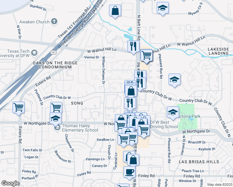 map of restaurants, bars, coffee shops, grocery stores, and more near 3428 Country Club Drive West in Irving