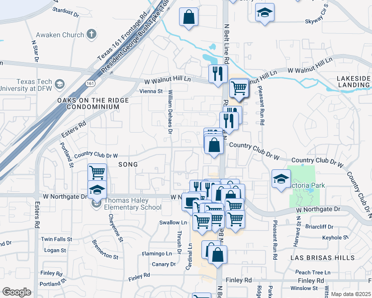 map of restaurants, bars, coffee shops, grocery stores, and more near 3428 Country Club Drive West in Irving