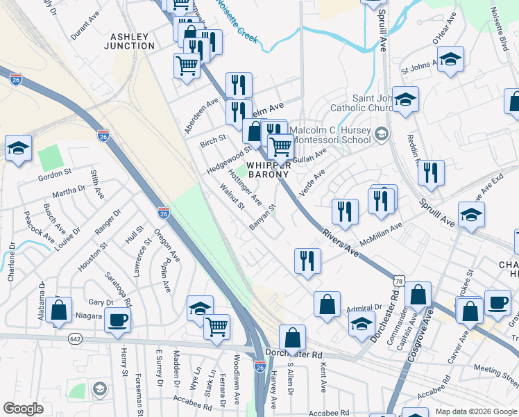 map of restaurants, bars, coffee shops, grocery stores, and more near 3811 Hottinger Avenue in North Charleston