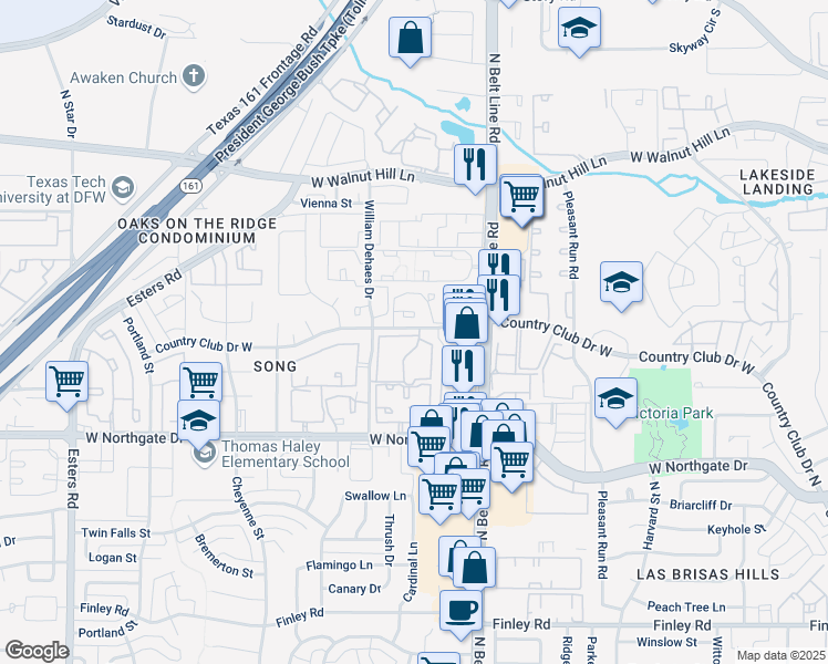 map of restaurants, bars, coffee shops, grocery stores, and more near 3428 Country Club Drive West in Irving