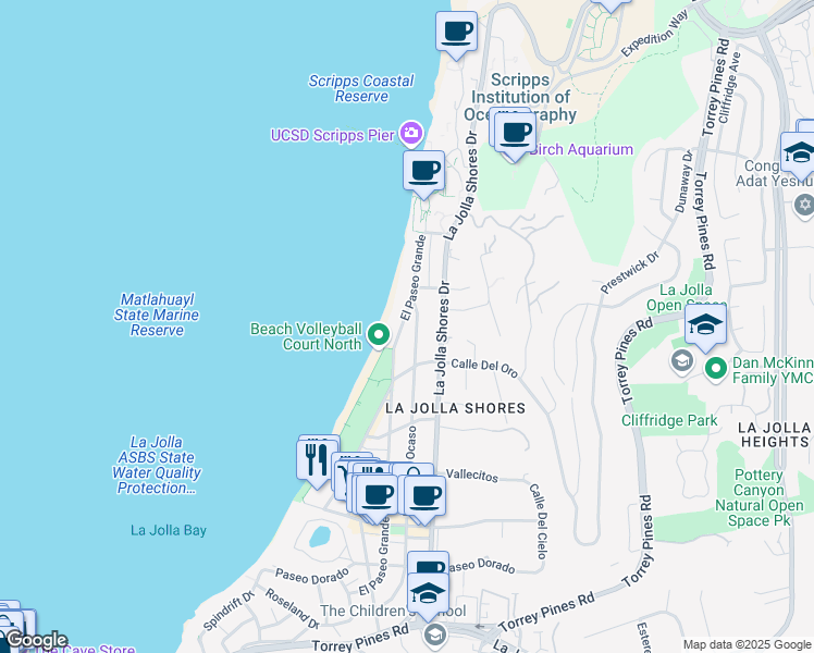 map of restaurants, bars, coffee shops, grocery stores, and more near 8477 El Paseo Grande in San Diego