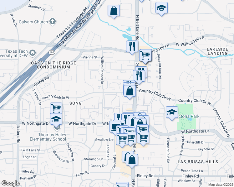 map of restaurants, bars, coffee shops, grocery stores, and more near 3428 Country Club Drive West in Irving