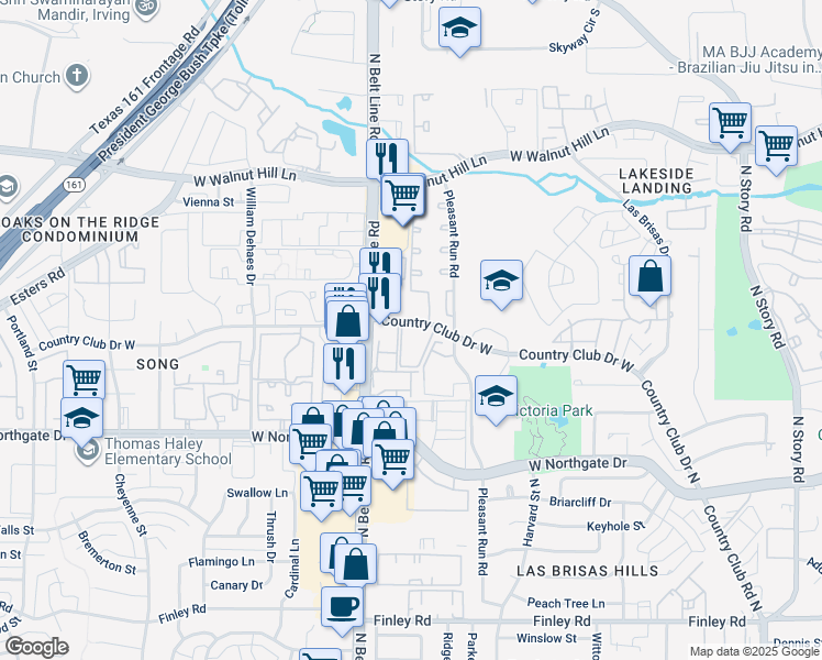 map of restaurants, bars, coffee shops, grocery stores, and more near 3214 Country Club Drive West in Irving