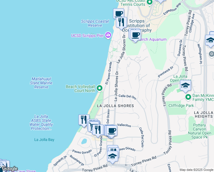 map of restaurants, bars, coffee shops, grocery stores, and more near 8477 El Paseo Grande in San Diego
