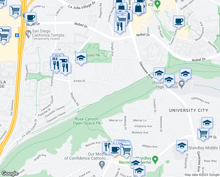 map of restaurants, bars, coffee shops, grocery stores, and more near 7817 Camino Huerta in San Diego