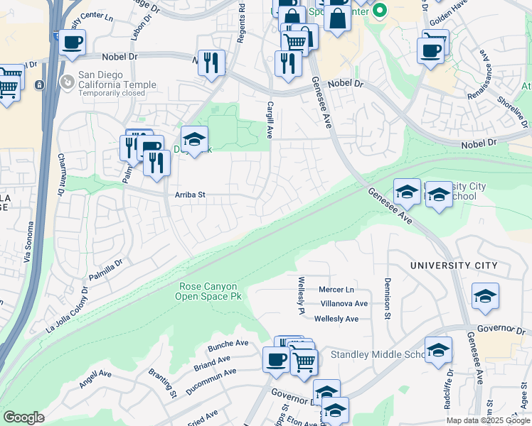 map of restaurants, bars, coffee shops, grocery stores, and more near 7789 Camino Glorita in San Diego