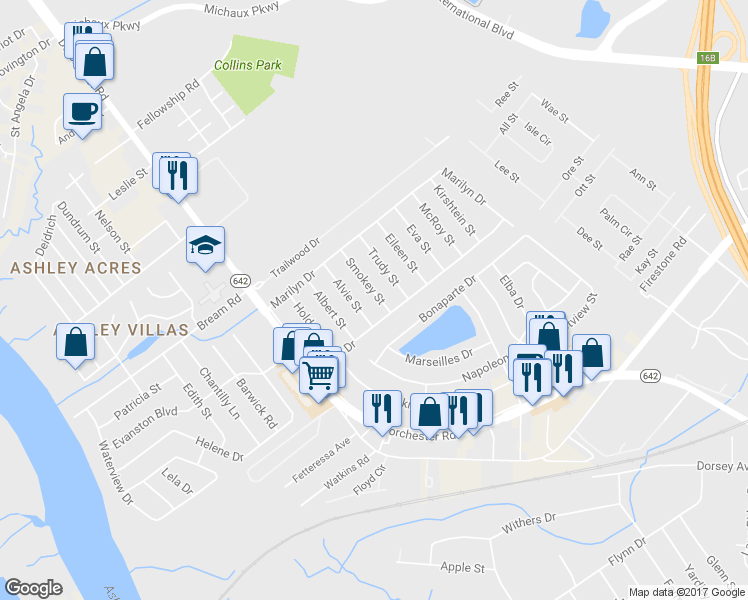 map of restaurants, bars, coffee shops, grocery stores, and more near 5305 Smokey Street in North Charleston