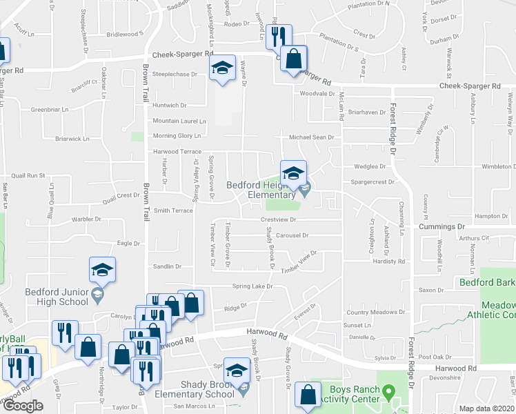 map of restaurants, bars, coffee shops, grocery stores, and more near 946 Simpson Terrace in Bedford