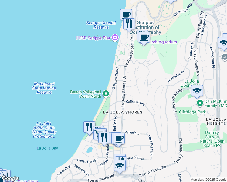 map of restaurants, bars, coffee shops, grocery stores, and more near 8477 El Paseo Grande in San Diego