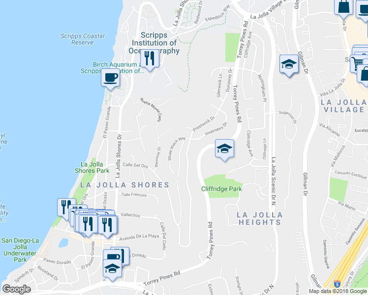 map of restaurants, bars, coffee shops, grocery stores, and more near 8466 Prestwick Drive in San Diego