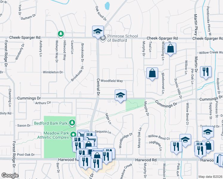 map of restaurants, bars, coffee shops, grocery stores, and more near 2517 Fox Glenn Circle in Bedford