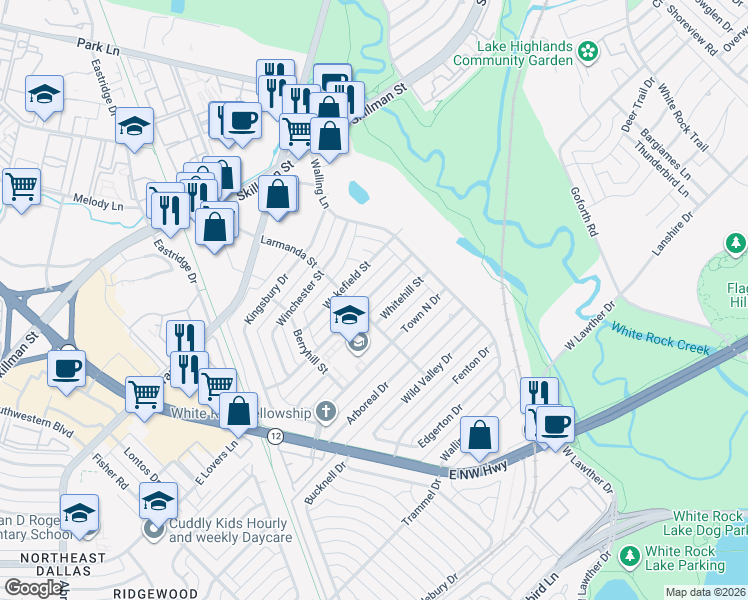 map of restaurants, bars, coffee shops, grocery stores, and more near 7018 Freemont Street in Dallas
