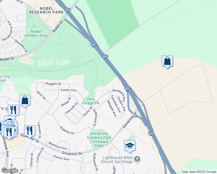 map of restaurants, bars, coffee shops, grocery stores, and more near 7431 Teasdale Avenue in San Diego