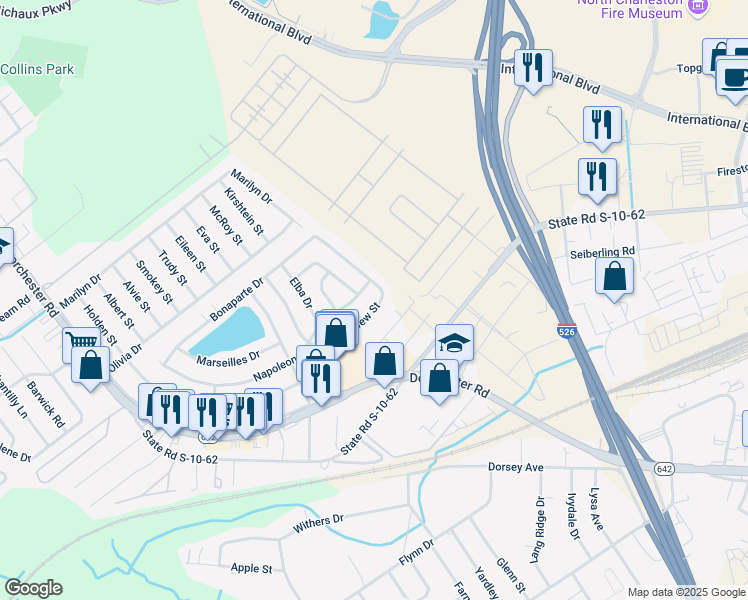map of restaurants, bars, coffee shops, grocery stores, and more near 5074 Westview Street in North Charleston