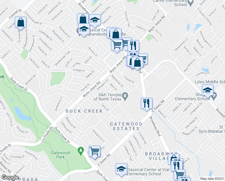 map of restaurants, bars, coffee shops, grocery stores, and more near 425 Peaceful Drive in Garland