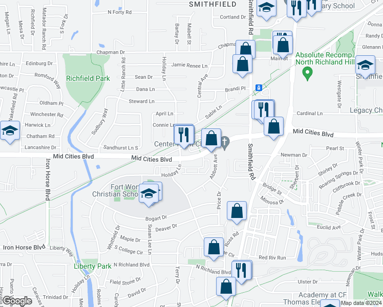 map of restaurants, bars, coffee shops, grocery stores, and more near 7612 Resting Mews in North Richland Hills