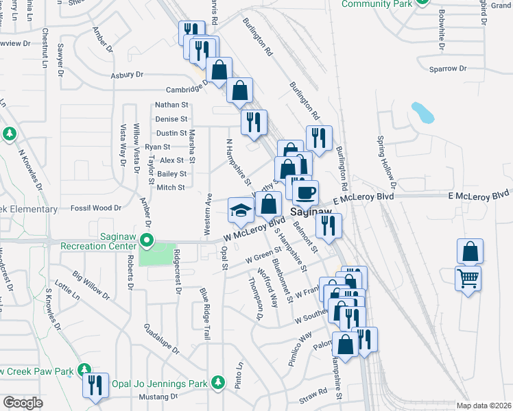 map of restaurants, bars, coffee shops, grocery stores, and more near 220 Kay Lane in Saginaw