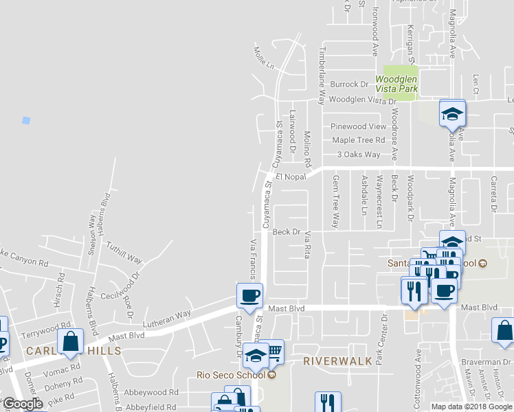 map of restaurants, bars, coffee shops, grocery stores, and more near 10051 Via Francis in Santee